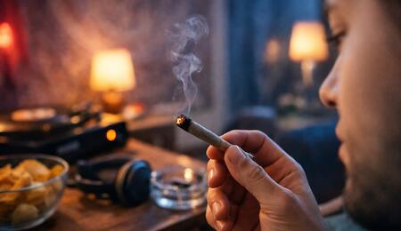 A first-time cannabis user holds a lit joint indoors, surrounded by a cozy evening setting with soft lamps, snacks, headphones, and a vinyl record player, with smoke curling gently in the air.