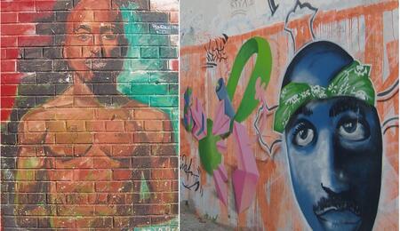 Two different graffiti of Tupac Shakur, one in East Harlem, the other in Rio de Janeiro.