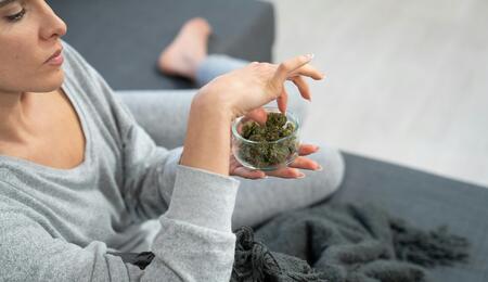 Persona viendo series cannábicas en casa con un porro