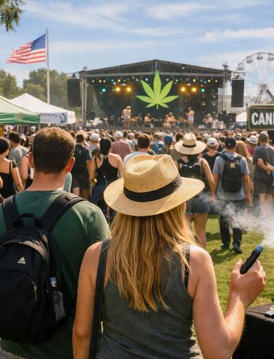 Wide view of an outdoor cannabis festival in the U.S., with a crowd facing a live music stage, vendor tents labeled “Cannabis Expo” and “Edibles Zone,” visible event rules signage, and attendees enjoying the sunny day.