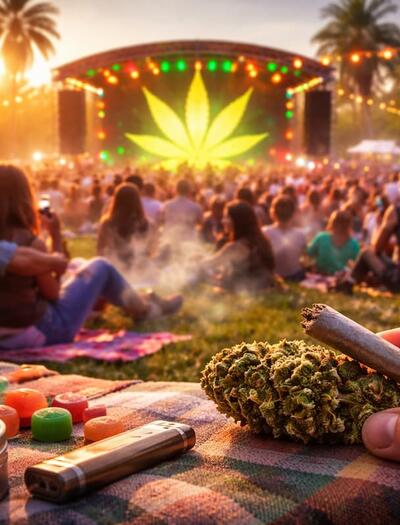 A large outdoor 4/20 celebration at sunset, with a crowd gathered around a festival stage featuring a glowing cannabis leaf, while a person in the foreground holds a cannabis bud and a rolled joint on a picnic blanket with accessories.