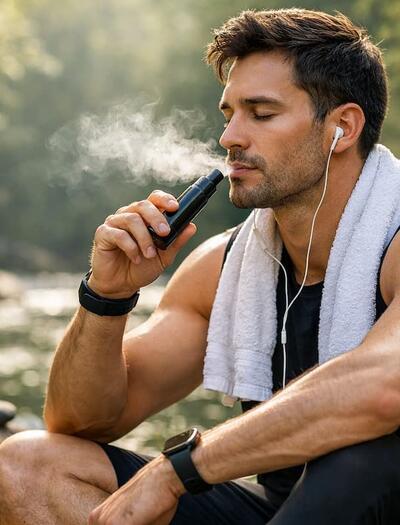 Athletic man in workout gear sits outdoors by a lake, calmly using a cannabis vaporizer in a natural setting, conveying relaxation, balance, and a wellness-focused lifestyle.