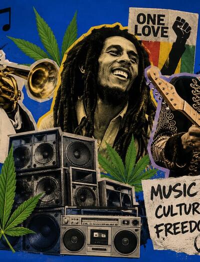 Collage-style artwork featuring Louis Armstrong, Bob Marley, and Jimi Hendrix alongside musical instruments, speakers, and cannabis leaves on a blue background, illustrating the influence of musicians on modern cannabis culture. 