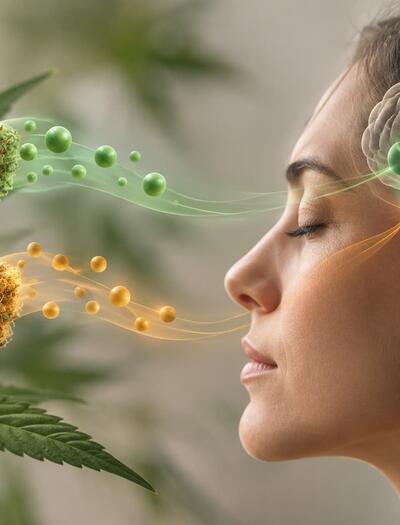 ilustración de mujer oliendo flores de cannabis 