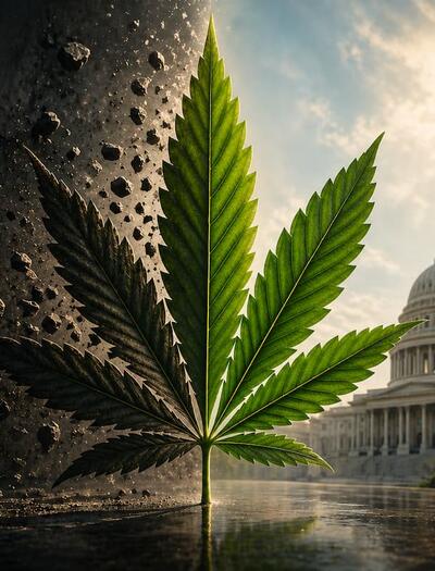 A cannabis leaf stands at the center of a dramatic split scene, with one side dark and crumbling and the other bright and illuminated, with the U.S. Capitol in the background, symbolizing transition and regulatory change.