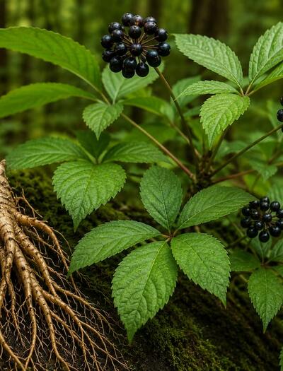 A photo depicting the fruits and roots of the Asian native Siberian ginseng plant