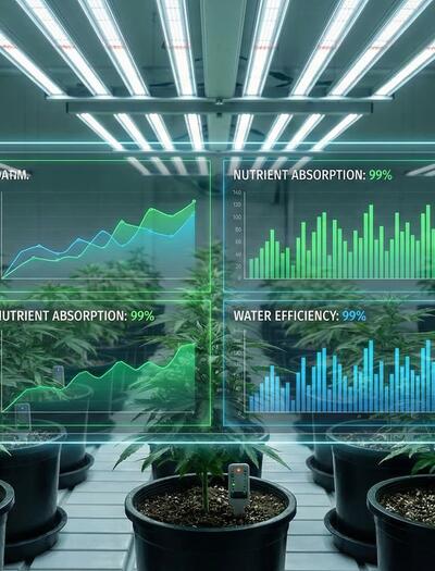 Interfaz digital de agricultura de precisión aplicada al cannabis, mostrando la optimización de recursos hídricos y nutricionales para un cultivo sostenible.