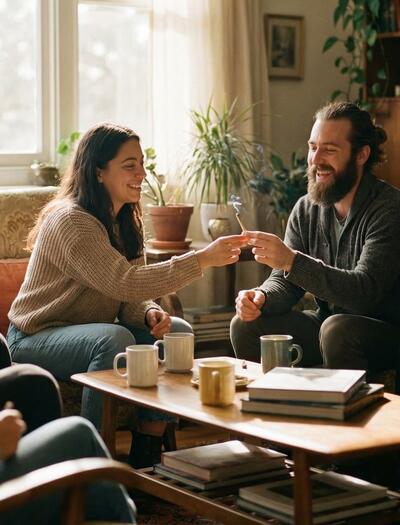 Grupo de amigos sentados en un salón compartiendo un porro de forma sociable y relajada.