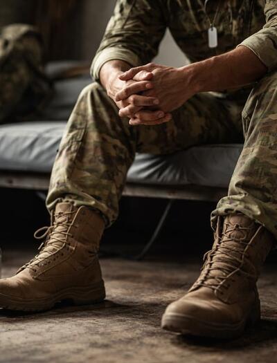 A seated soldier in military uniform viewed from the waist down, hands clasped and posture tense, with combat boots visible and cannabis products placed nearby, symbolizing medical marijuana use for PTSD symptom management.