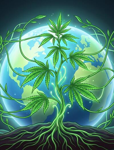 ilustración de planta de marihuana y mundo con plástico 