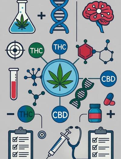 Infografía que muestra avances en la farmacología de cannabinoides, impactos sociales y terapias médicas.
