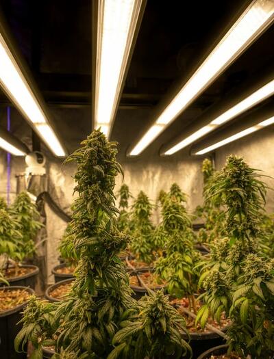 A brightly lit indoor cannabis grow room filled with mature flowering plants under long overhead LED grow lights. The space is lined with reflective walls, and multiple potted cannabis plants stand in rows beneath the evenly distributed LED illumination.
