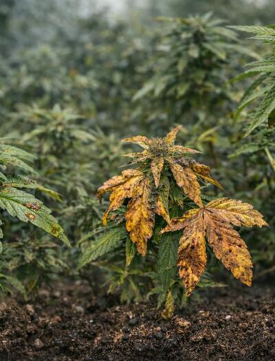 Cannabis plants displaying symptoms of fungal diseases in a cool outdoor climate, including leaf spotting, yellowing foliage, and stem canker damage caused by prolonged humidity.