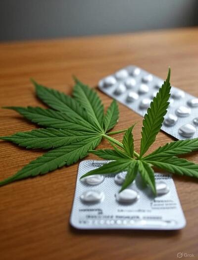 Píldoras y cannabis, simbolizando la interacción entre medicamentos y la planta.