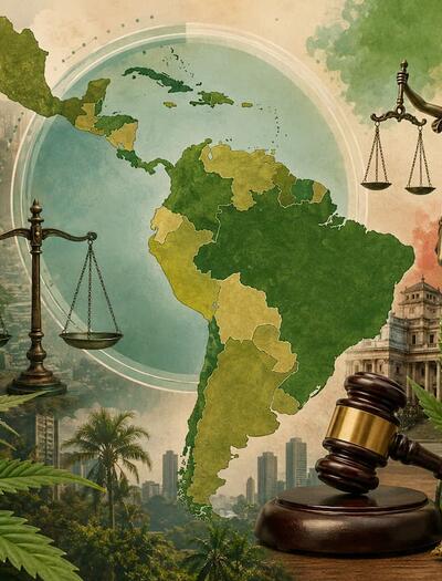 Collage illustration depicting cannabis legalization in Latin America, featuring a regional map, cannabis leaves and buds, legal justice symbols, government buildings, and tropical scenery.