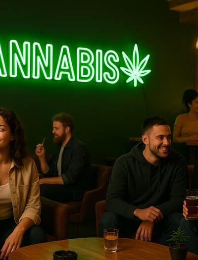 A group of adults relaxes in a modern cannabis lounge, sitting on comfortable sofas in a warmly lit space with plants and cannabis artwork, while enjoying cannabis in a calm, social setting.