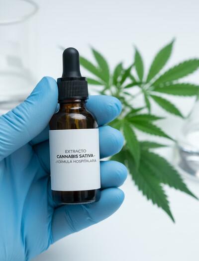 Un profesional sanitario con guante sostiene un frasco con gotero de aceite de cannabis medicinal, representando la nueva regulación en España.