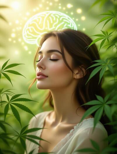 Representación del bienestar mental logrado con cannabis medicinal, mostrando calma, equilibrio emocional y salud cerebral, simbolizando los efectos terapéuticos del CBD y THC observados científicamente.