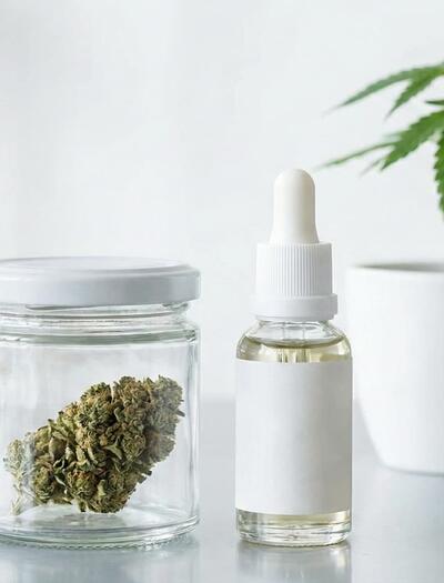 Bote de cannabis medicinal con flor seca, frasco de aceite CBD y planta joven en un entorno de bienestar profesional estilo 2026.