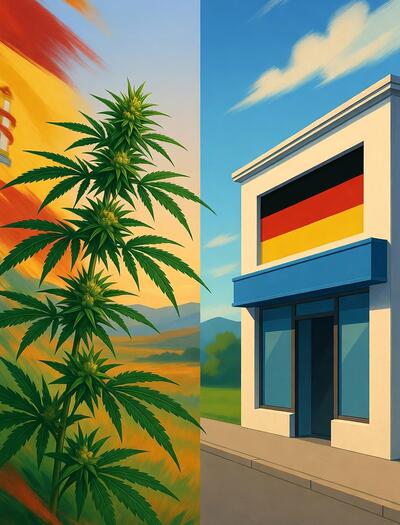 Ilustración que representa el éxito de la exportación de cannabis medicinal de la empresa española Ondara (Soria) al mercado farmacéutico alemán, simbolizando el viaje del producto de España a las farmacias de Alemania.