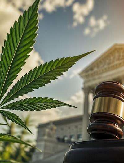 Close-up of a cannabis leaf beside a judge’s gavel with a courthouse in the background, symbolizing changes in US marijuana law.