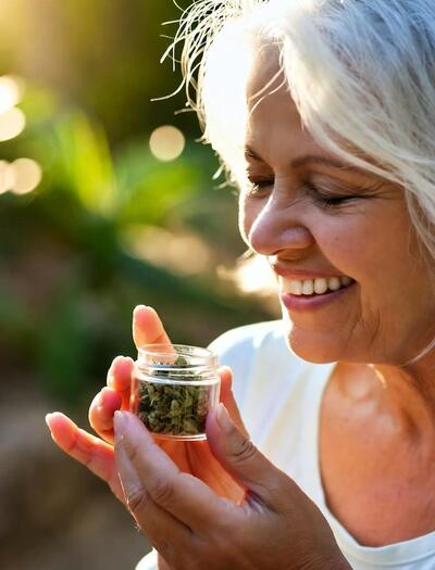 Adulto mayor usando cannabis medicinal en entorno natural y tranquilo