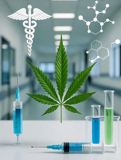 Representación científica del cannabis medicinal mostrando el sistema endocannabinoide y avances en seguridad y genética terapéutica.