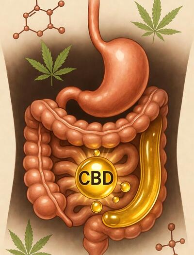 : Ilustración científica mostrando cómo el CBD se une a grasas saludables (aguacate, nueces) para formar quilomicrones, que sortean el hígado a través del sistema linfático, aumentando la absorción oral