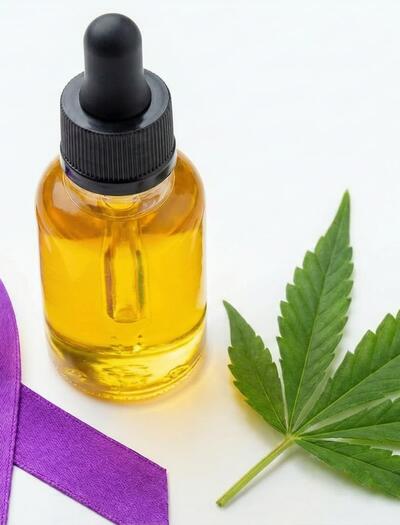Frasco de aceite de CBD medicinal con el lazo púrpura símbolo de la lucha contra la epilepsia y una hoja de cannabis sobre fondo blanco.