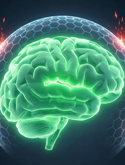 Ilustración médica de un cerebro humano iluminado en verde, protegido por un campo de fuerza hexagonal que representa la acción del CBD, repeliendo ataques de radicales libres y estrés oxidativo representados como chispas rojas.