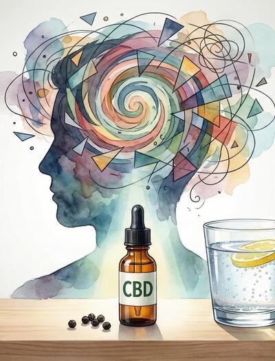 Ilustración surrealista que muestra una silueta humana con un torbellino de colores caóticos en la cabeza representando una "pálida" por cannabis, contrastada con elementos de rescate nítidos en primer plano: aceite de CBD, granos de pimienta negra y un vaso de agua con limón.