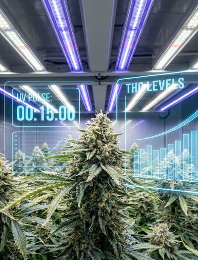 Ilustración técnica de un cultivo indoor avanzado donde se muestra la aplicación de pulsos de luz UV-B sobre flores de cannabis para potenciar la resina.