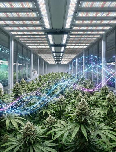 Instalación futurista de cultivo de cannabis indoor con tecnología de IA, hologramas de métricas de VPD y redes neuronales inteligentes.