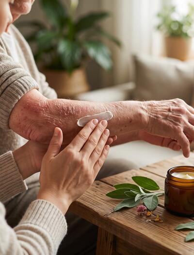 mujer untando crema en brazo de persona anciana con dermatitis