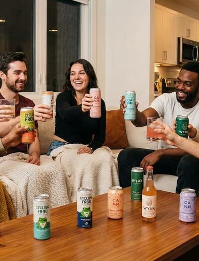 A diverse group of friends in a modern living room celebrating Dry January 2026 by toasting with various colorful THC-infused beverage cans and glasses.