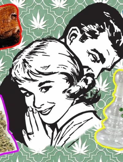 Retro-style illustration of a smiling 1950s couple surrounded by different cannabis consumption methods, including a joint, cannabis flower, a brownie edible, a vaporizer pen, and a glass bong, set against a patterned background with cannabis leaf motifs.