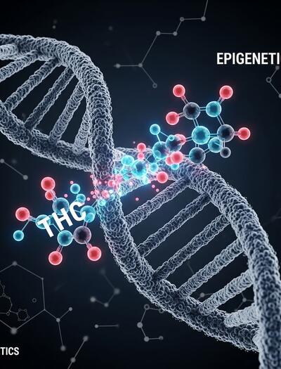 Ilustración científica de la molécula de THC interactuando con una cadena de ADN, representando la epigenética del cannabis