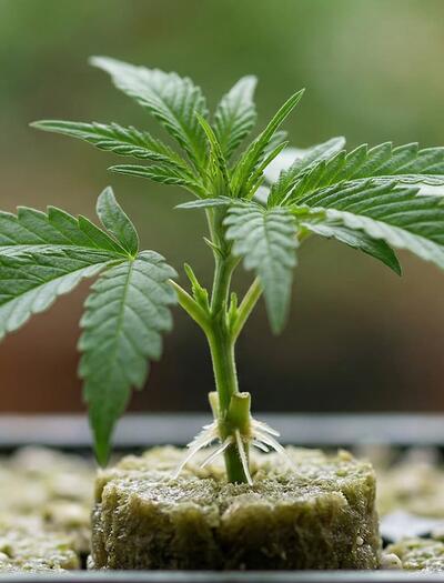 Esqueje de cannabis de 20 cm con raíces visibles, mostrando la longitud óptima y el color verde saludable analizado en el estudio de Espósito et al.