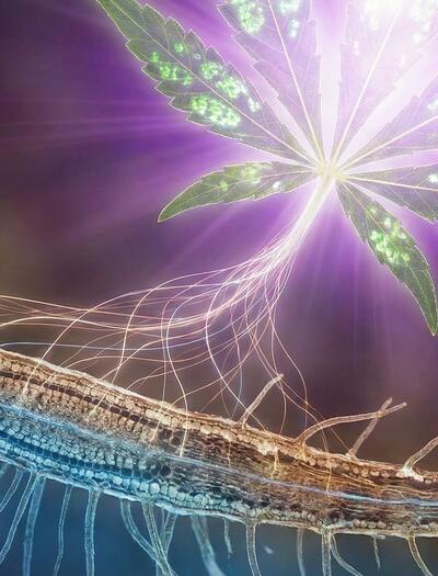 Representación macroscópica y conceptual de la fisiología del cannabis, mostrando un sistema radicular detallado conectado a una hoja en fase de activación metabólica bajo espectro de luz de alta intensidad.