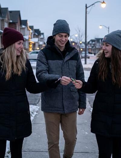 Three young adults smiling and walking through a snowy residential neighborhood during the holidays, holding a green cannabis vape pen for a "cousin walk."