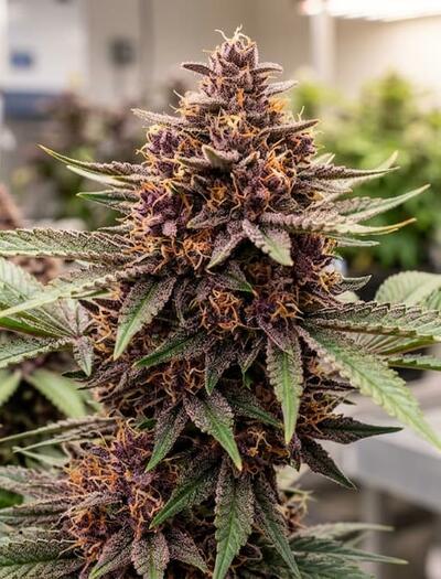 Mature Purple Punch cannabis plant displaying dense purple-tinted buds and orange pistils inside an indoor cultivation facility.