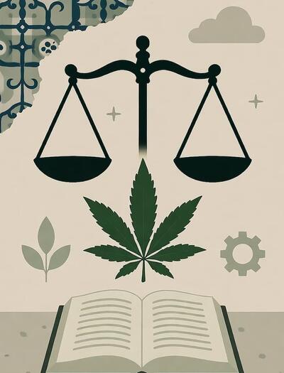 Símbolos del debate social y legal sobre el cannabis en España en 2025, con balanza, hoja y libro representativos.