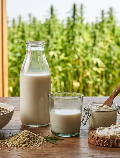 Illustration de leche y queso a base de cáñamo