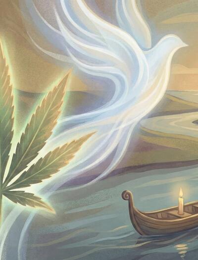 Ilustración artística en homenaje a Jay Jay, fundador de Advanced Hydroponics of Holland. Muestra una hoja de cannabis resplandeciente y una figura espiritual ascendiendo sobre un río con una barca y una vela, simbolizando su viaje final y legado duradero.