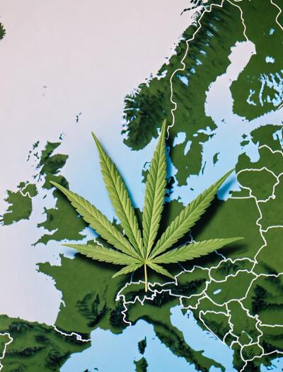 Mapa comparativo de la legalidad del cannabis en Europa: contraste entre las zonas verdes (Alemania, Portugal) y la ambigüedad gris de España bajo la Ley Mordaza.