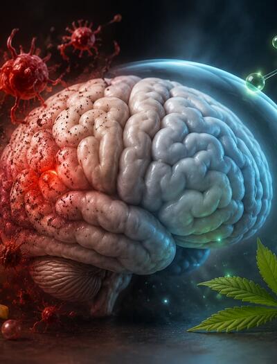 Ilustración de cerebro co hoja de planta de marihuana y moléculas