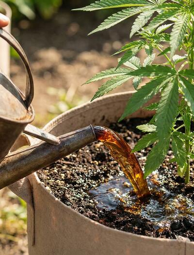 fertilizante orgánico de color ámbar para plantas de cannabis