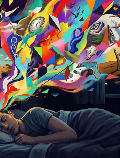Representación artística de una persona durmiendo de la que emanan imágenes oníricas vibrantes y coloridas, simbolizando el fenómeno del rebote REM tras dejar el cannabis.
