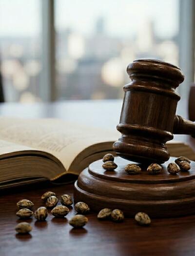 Un mazo de juez de madera y un bloque de sonido descansan sobre un escritorio junto a semillas de cannabis esparcidas y un libro abierto, con un horizonte urbano borroso de fondo.