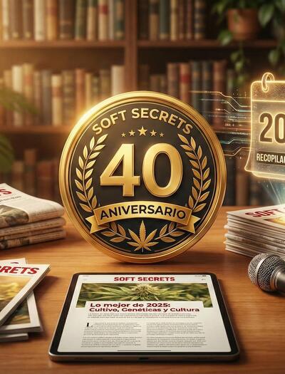 Ilustración de escritorio con la insignia dorada del 40 aniversario de Soft Secrets, rodeada de pilas de periódicos, revistas y una tablet mostrando el artículo de la recopilación anual de lo mejor del cannabis en 2025